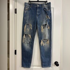 Zara Woman High Rise Relaxed Fit Distressed Jeans, size 8